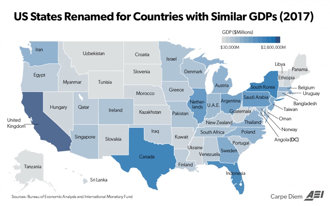 مقایسه اقتصاد ایالت‌های آمریکا در مقایسه با  درآمد کشورهای جهان