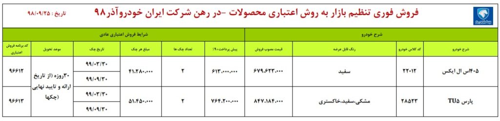 شرایط فروش فوری ایران خودرو دوشنبه ۲۵ آذر ۹۸ برای پژو پارس و پژو ۴۰۵