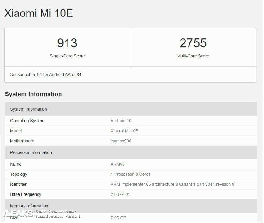 شیائومی Mi 10E با اگزینوس ۹۹۰ در بنچمارک GeekBench دیده شد