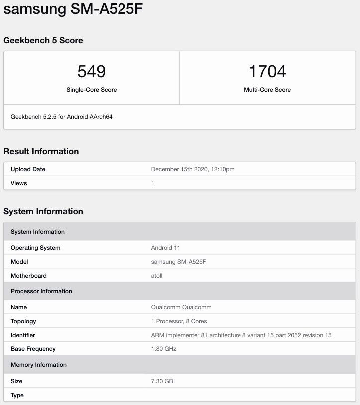 مدل 4G گلکسی A52 سامسونگ با Snapdragon 720G و اندروید ۱۱ دیده شد