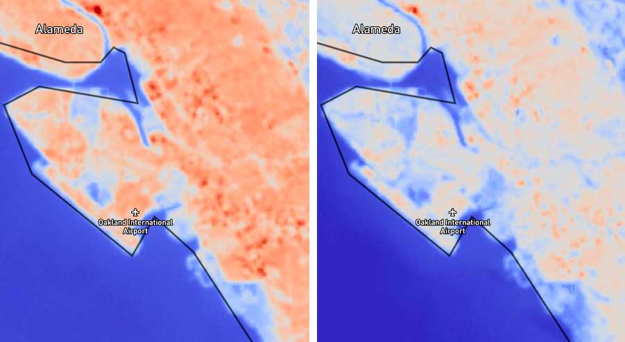 داده های حرارتی حاصل از ماهواره مشترک ناسا و سازمان زمین شناسی لندست نشان می دهد که در اثر جزیره گرمایی شهری ، پدیده ای که در آن مناطق شهری به طور قابل توجهی گرمتر از مناطق روستایی مجاور هستند ، در طی همه گیری کاهش می یابد. تصویر سمت چپ دمای بیش ازحد سانفرانسیسکو را در آوریل 2018 نشان می دهد ، در حالی که تصویر سمت راست دما سانفرانسیسکو را در آوریل 2020 نشان می دهد. دانشمندان دریافتند که پارکینگ های بزرگ ، راهروهای بزرگراه ها و پشت بام های تجاری به طور متوسط ​​10-15 درجه فارنهایت (5-8) درجه سانتیگراد) نسبت به سالهای گذشته از مارس تا مه 2020 خنک تر است.