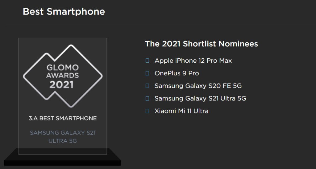 جایزه بهترین گوشی سال GLOMO 2021 به گلکسی S21 Ultra سامسونگ رسید