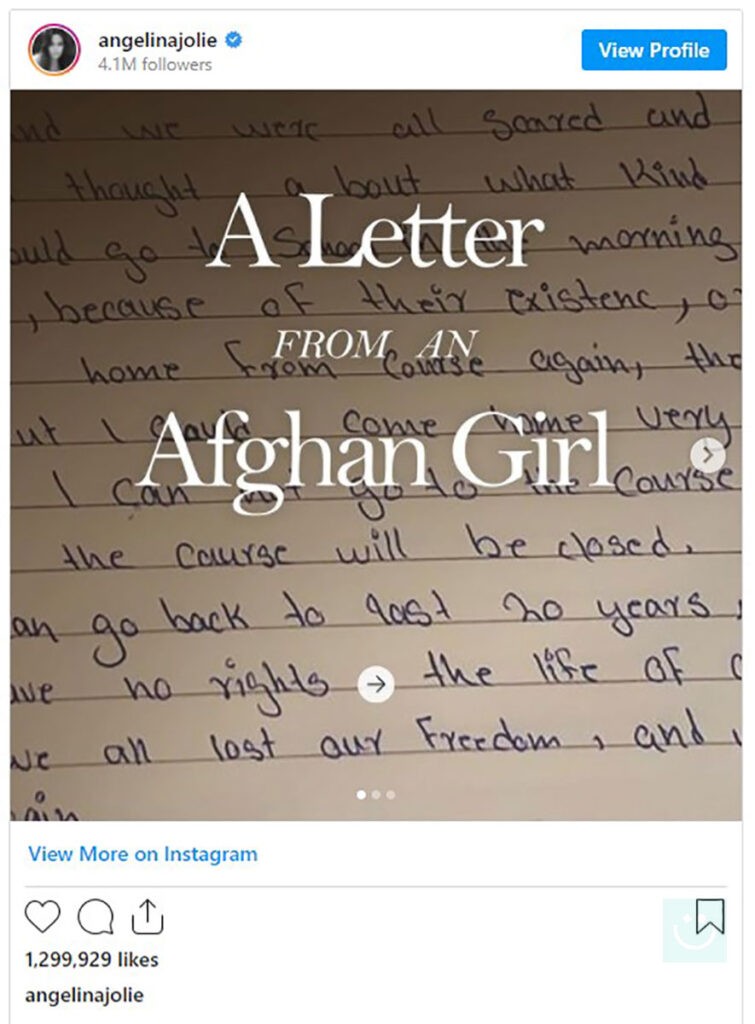 آنجلینا جولی به اینستاگرام پیوست و اولین پست وی در حمایت از افغانستان است