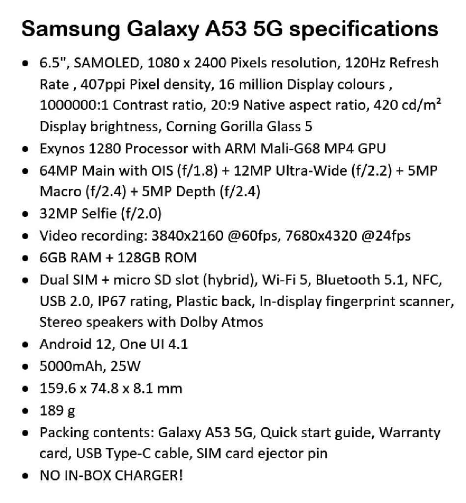 مشخصات کامل گلکسی A53 5G سامسونگ لو رفت: Exynos 1280 و حذف شارژر از جعبه